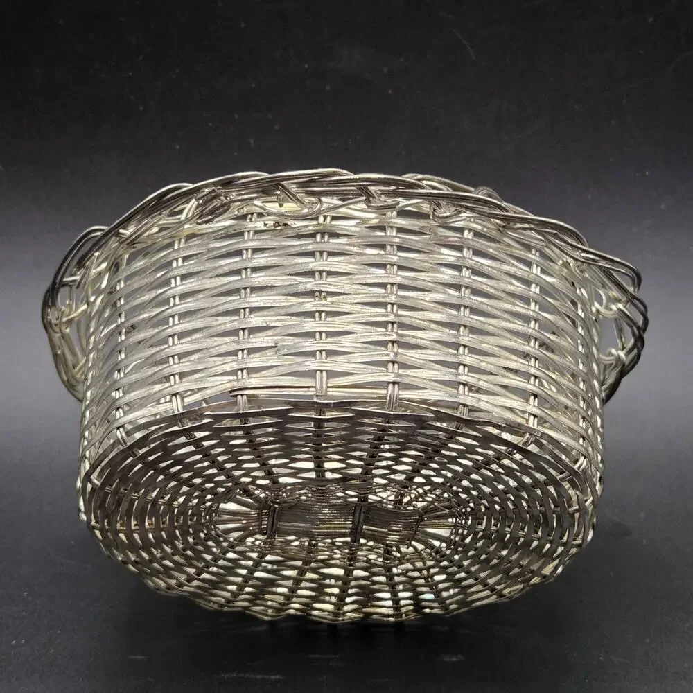 Vintage Silver Plated Woven Wire Basket Intricate Open Weave 4.5